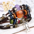 Retro Genuine Leather Bracelet Weaved Beads Handmade Bangle